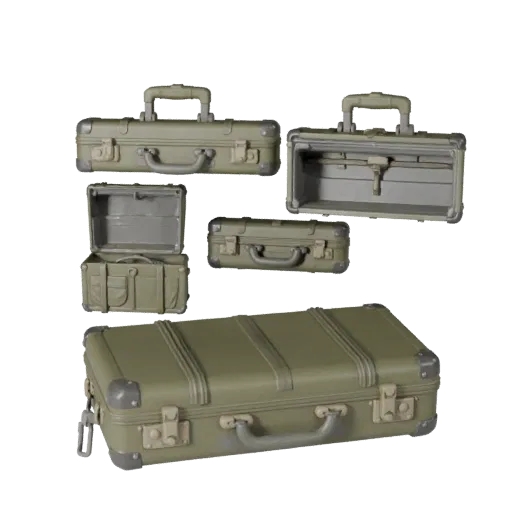 Military Style Travel Suitcase 3D model, three-quarter front view, Unreal Engine viewport, showing plastic, form detail.
