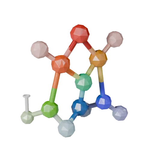 Crystal Molecule Set Low Poly 3D model, game viewport three-quarter view, showing colored spheres, molecule layout.
