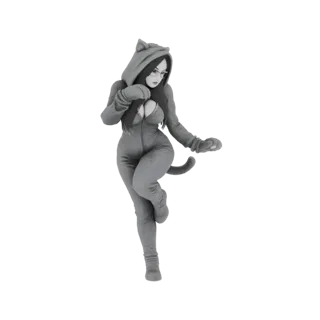 3D model of an anime cat girl wearing pajamas with cat ears and a tail, striking a playful pose.