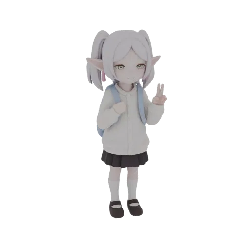 3D-Modell eines süßen Anime-Elfenmädchens mit weißen Haaren, spitzen Ohren, weißer Jacke und blauem Rucksack, das ein Peace-Z