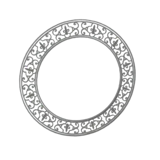 3D model of a circular frame with ornate scrollwork and fleur-de-lis patterns, rendered in gray on a white background.
