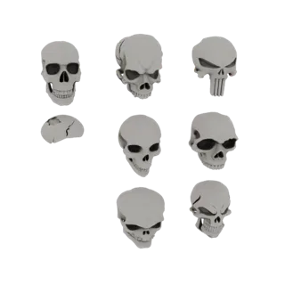 Una collezione di otto distinti modelli 3D di teschi disposti su sfondo nero, che mostrano vari design stilizzati.