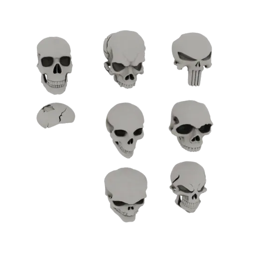 A collection of eight distinct 3D skull models arranged against a black background, showcasing varied stylized designs.
