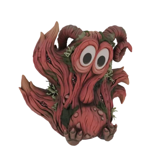 3D model of a whimsical forest guardian with bark-like texture, moss accents, and large cartoon eyes.