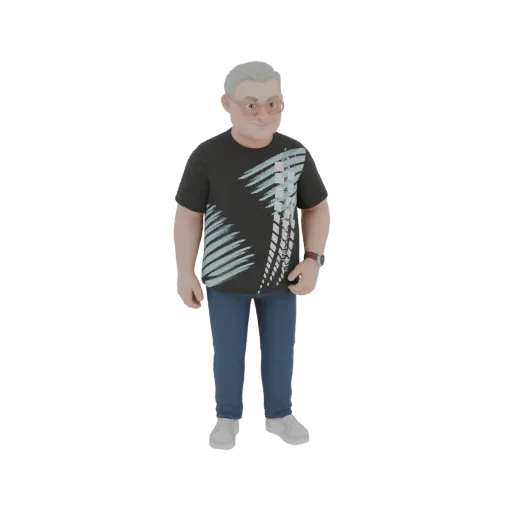 3D model of a friendly middle-aged man with gray hair, glasses, wearing a black t-shirt and blue jeans, standing casually.