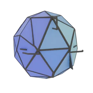 3D model of an icosahedron with flat blue facets and a dark frame on a black background