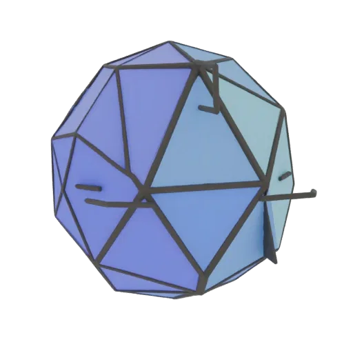 3D-Modell eines Ikosaeders mit flachen blauen Flächen und dunklem Rahmen auf schwarzem Hintergrund