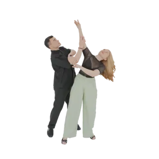 3D model of two dancers in an elegant pose, one in black attire, the other in mint green pants, against a white background.