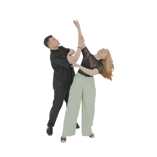 3D model of two dancers in an elegant pose, one in black attire, the other in mint green pants, against a white background.