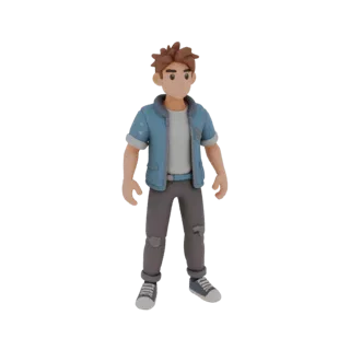 3D model of a stylized guy in a denim jacket, standing in a neutral pose
