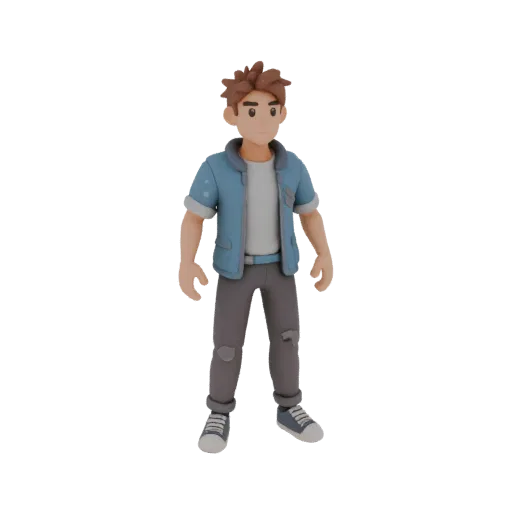 3D model of a stylized guy in a denim jacket, standing in a neutral pose