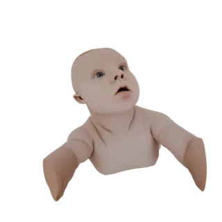 Modèle 3D d'un bébé rampant regardant vers le haut, avec texture de peau et proportions réalistes.