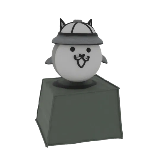 3D model render of a stylized, monochrome cat wearing a detective hat, standing on a dark pedestal.
