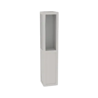 Modèle 3D d'un socle d'exposition moderne et haut avec une section vitrine en verre transparent sur une base solide, rendu en