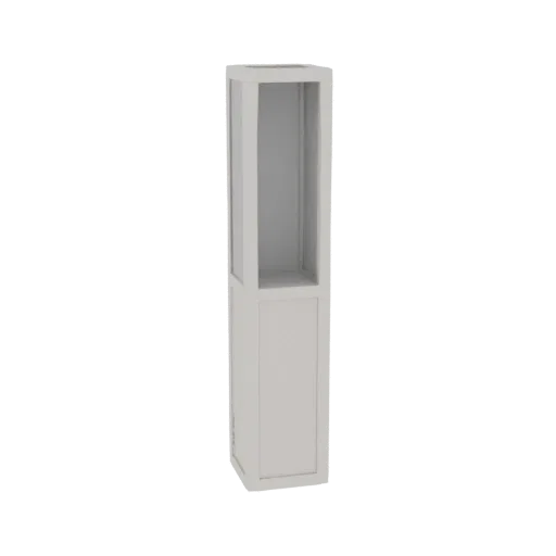 3D-Modell eines hohen, modernen Sockels mit klarer Glasvitrine über massivem Sockel, hellgrau.
