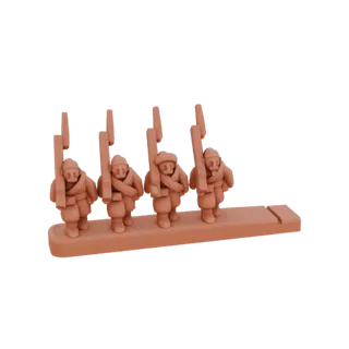 Modelo 3D de un escuadrón de infantería de la PGM de cuatro soldados marchando con rifles, presentado en una unidad cohesiva