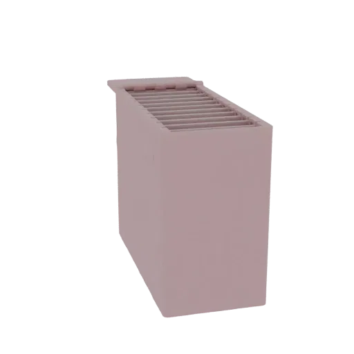Renderização 3D de um vaso retangular moderno com topo ripado, mostrado em rosa suave contra fundo preto.
