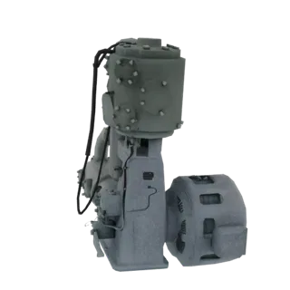 Modelo 3D de una unidad de compresor de aire industrial gris con un generador conectado, mostrado desde un ángulo lateral sob
