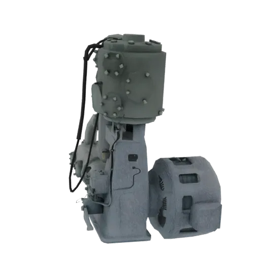 3D-Modell einer grauen industriellen Luftkompressoreinheit mit angeschlossenem Generator, von der Seite vor weißem Hintergrun