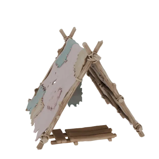 3D model of a rustic tent made of branches with a patchwork fabric cover and a wooden bench inside, set against a black backg