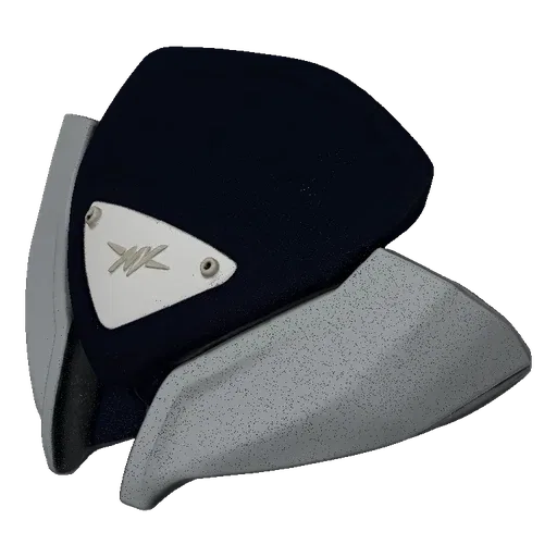 3D model of a futuristic motorcycle fairing in dark blue and speckled silver, featuring a metallic logo on the front.