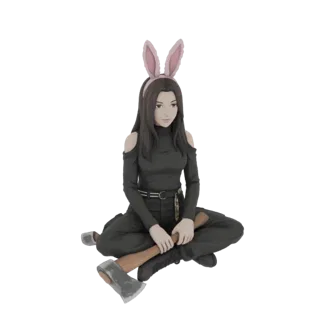 Modello 3D di una ragazza anime con orecchie da coniglio rosa, vestita con abiti scuri e che tiene un'ascia, seduta a gambe i