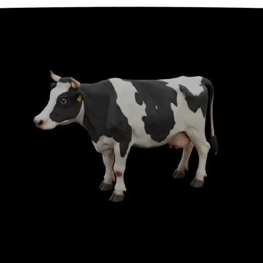 3D model of a Holstein cow in profile, with black and white spots, standing on a black background.