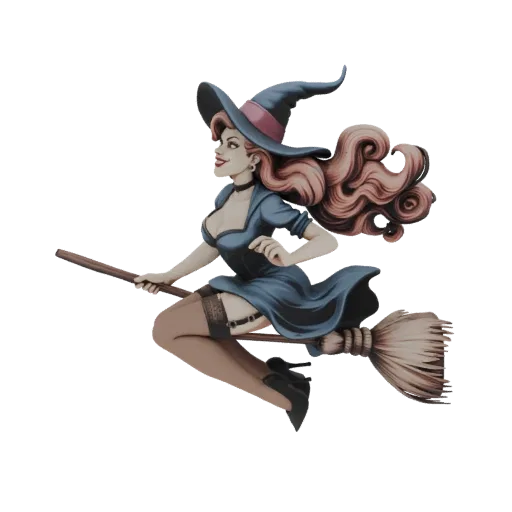 3D model of a pin-up witch with long wavy hair, wearing a blue dress and hat, flying on a broomstick.