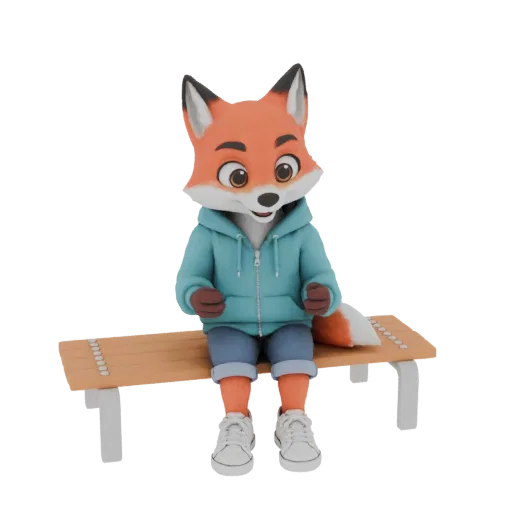 3D model of a cute, cartoonish fox character wearing a blue hoodie and jeans, sitting on a wooden bench.