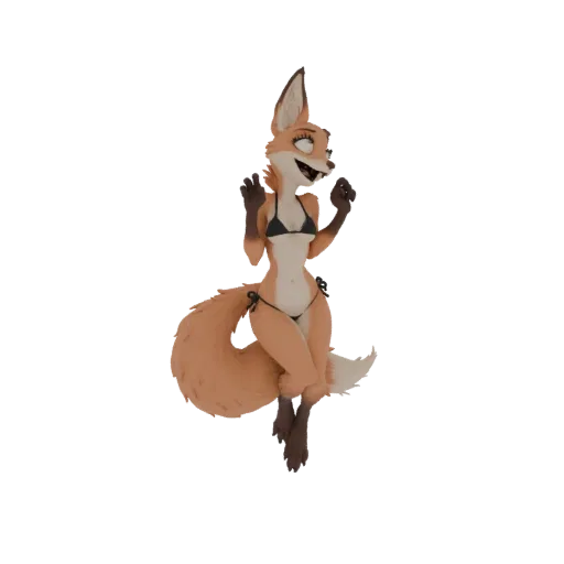 A 3D render of a stylized fox character wearing a black bikini, with its arms raised in a playful gesture and its tail curled