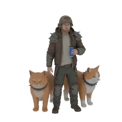 3D model of a post-apocalyptic survivor in tactical gear holding a can, with two orange tabby cats by their side.