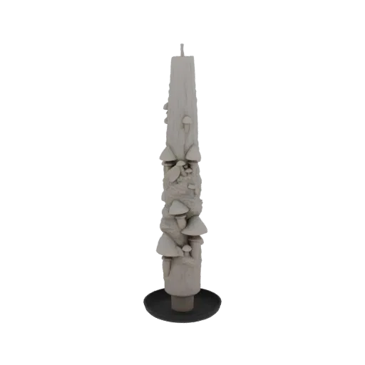 3D model of a tall, grey candle shaped like a log covered in small mushrooms, standing on a dark base.