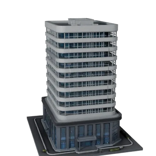 Office Building stylized 3D model, isometric stylized game environment view, showing commercial office building materials and architectural detail