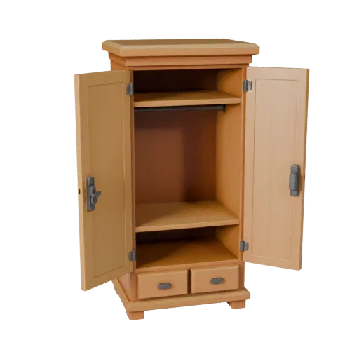 Shaker Wardrobe Stylized 3D model, bedroom, stylized isometric render, painted wood detail.