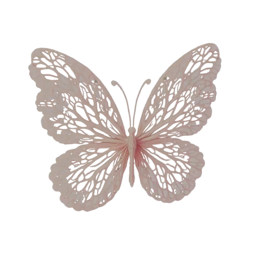 A 3D model of a delicate pink butterfly with intricate, lace-like filigree wings against a black background.