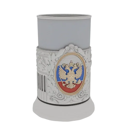 3D model of a silver cup holder with a detailed Russian double-headed eagle emblem in the center, set against a dark backgrou