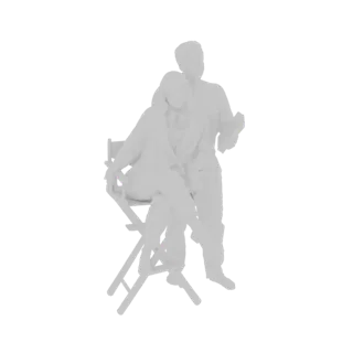3D-Modell eines Paares, das zusammen auf einem Regiestuhl sitzt, in hellem Grauton monochrom gerendert.