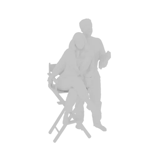 3D model of a couple sitting together on a director's chair, rendered in a light gray monochrome.