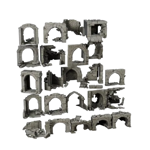 Flooded Ruin Interior Modular 3D model, isometric modular kit view, showing aged stone, built remnants.