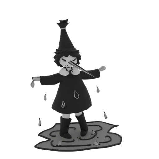 3D model of a sad raindrop character wearing a conical hat and boots, standing in a puddle with water droplets around it.