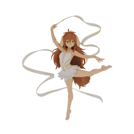 3D model of an anime-style dog girl in a ballet pose, holding a flowing ribbon, wearing a white and gold leotard.