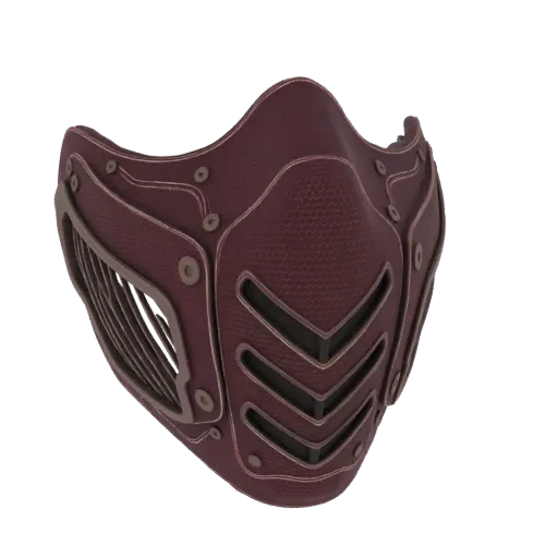 Modello 3D di maschera steampunk cyberpunk in borgogna con rivetti metallici e prese d'aria angolari, mostrato su sfondo bian
