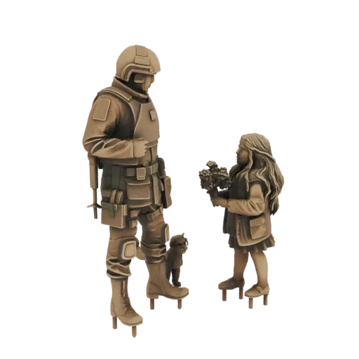 3D-Modell eines Soldaten in taktischer Ausrüstung, der Blumen von einem jungen Mädchen erhält, mit einem kleinen Hund zu ihre