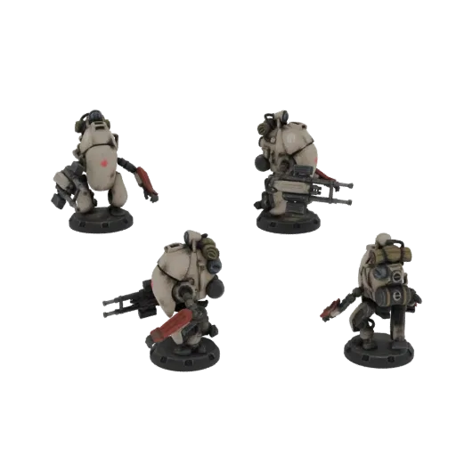 3D model preview of a Steel Guard Support Leader, a small, beige robot with red accents and a weapon arm, on a black base.