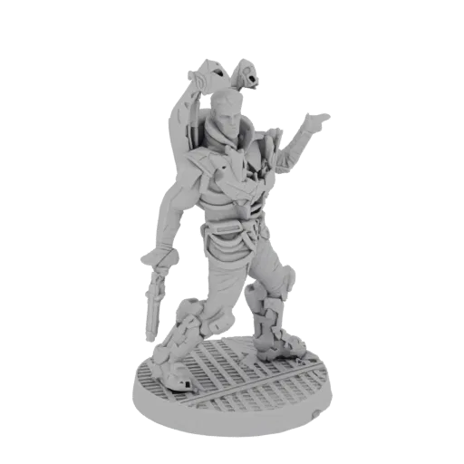 3D model of a sci-fi soldier kneeling with a rifle, wearing futuristic armor and tactical gear.
