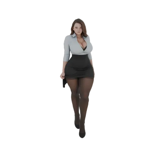 3D model of a businesswoman wearing a light blue blouse and a black pencil skirt, with dark pantyhose and black heels.