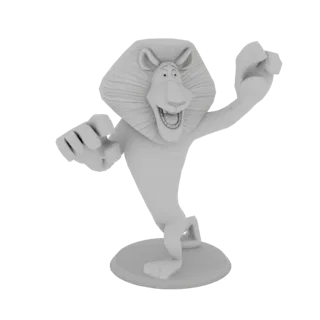 3D model of Alex the Lion from Madagascar in a dynamic, dancing pose, with his mouth open and arms outstretched, standing on