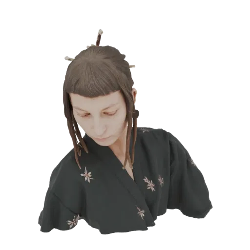 3D model of a woman wearing a dark Japanese kimono with floral patterns, her hair styled with pins, looking downwards.