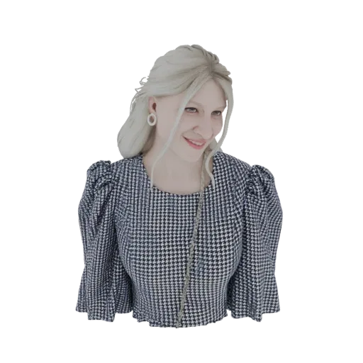 3D-Modell einer Frau in einer schwarz-weißen Jacke mit Hahnentrittmuster und Puffärmeln vor weißem Hintergrund.