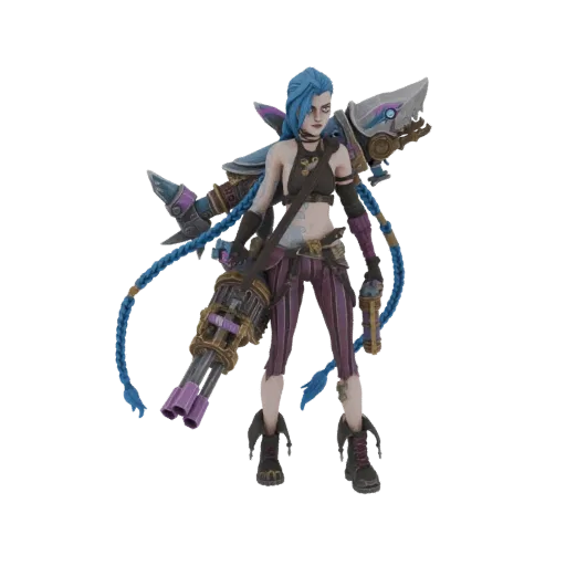 Modello 3D di Jinx da League of Legends, che impugna la sua minigun Fishbones, con capelli blu intrecciati ed espressione mal